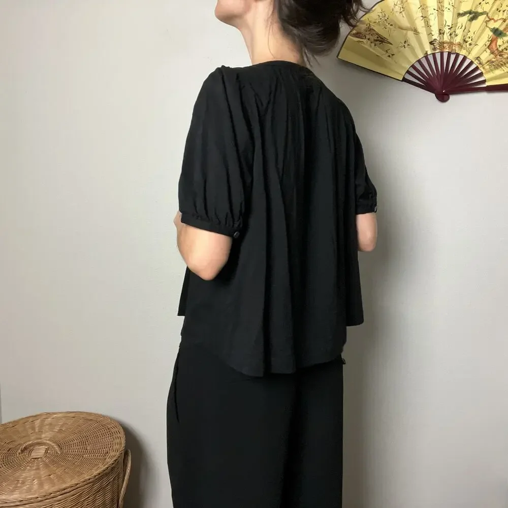 black minimalist puff sleeve boxy cotton button shirt blouse top